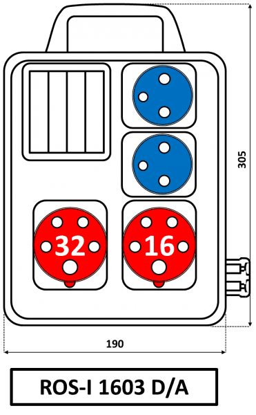 Rozvodnica 16A+32A/400V/5P+2x250V možnosť istenia držiak IP44 - ROS-I 1603 D/A (SEZ DK) 1