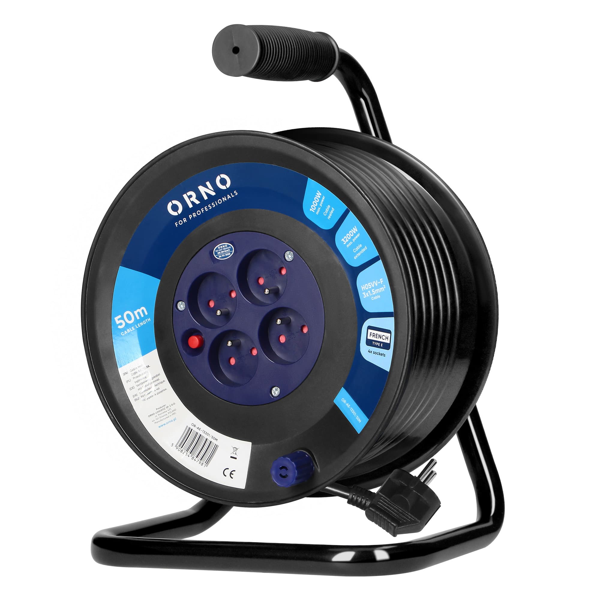Cable reel, 4 sockets, 2P+E, PVC H05VV-F 3x1.5mm2, 50m, overload protection, safety shutte 1