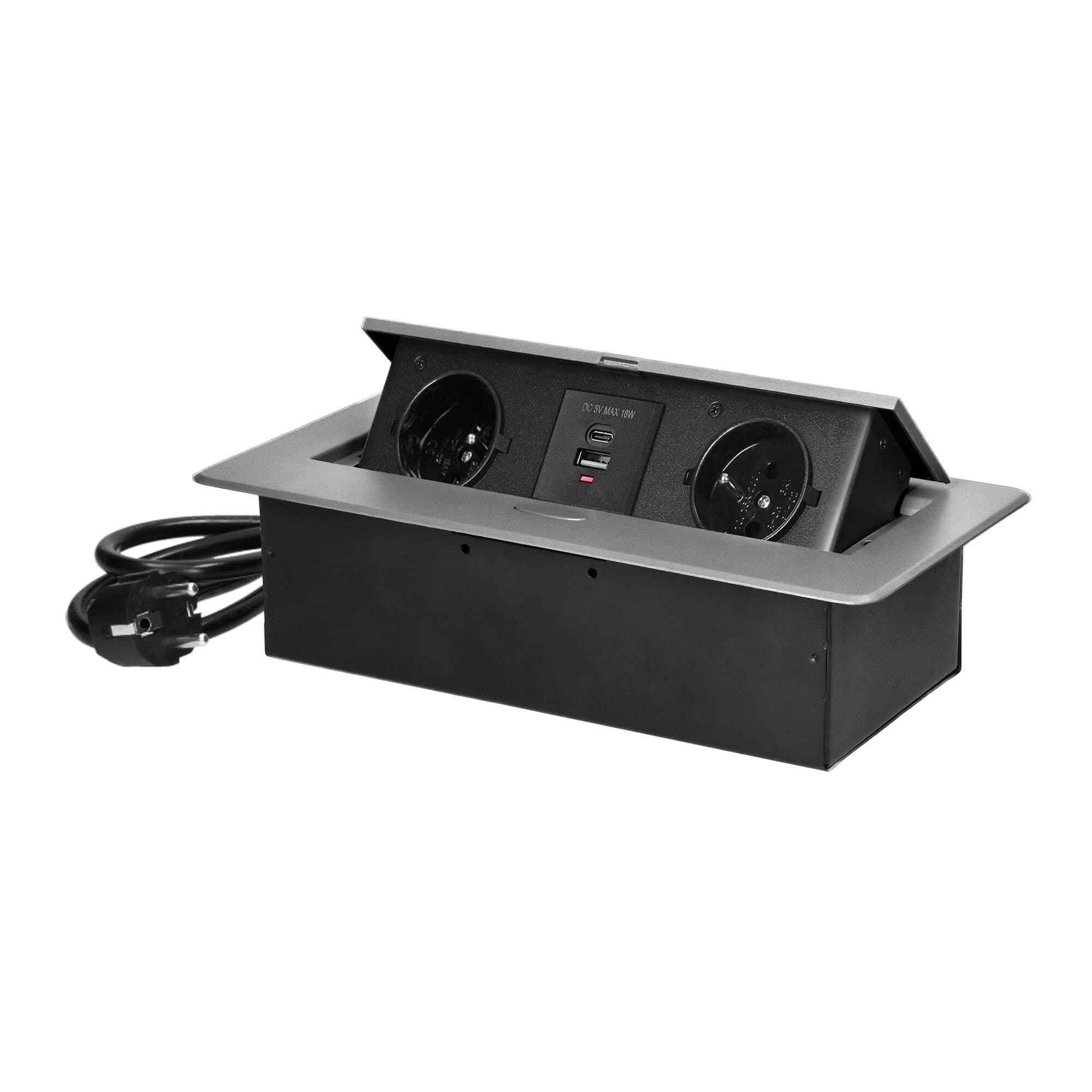 Zapustená nábytková zásuvka s fréz okrajom, 2x2P+E
, 2xUSB (typ A+C), 1,5m kábel, striebor 1