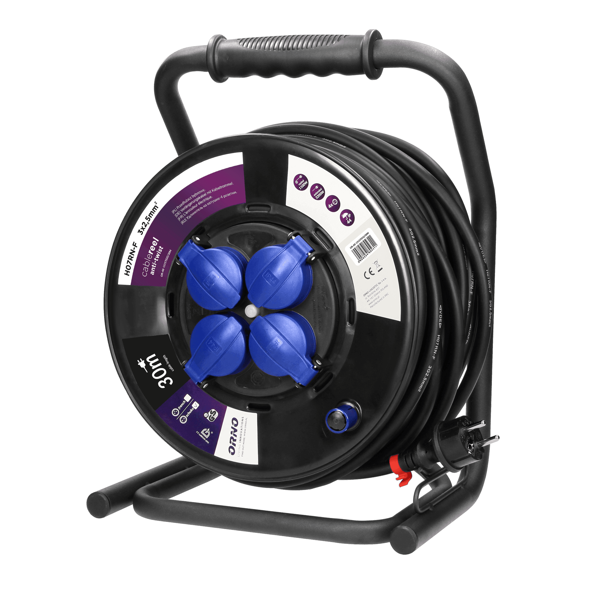 Professional cable reel, IP44, 4 sockets 2P+E (Schuko), rubber oil-resistant cord, H07RN-F 1