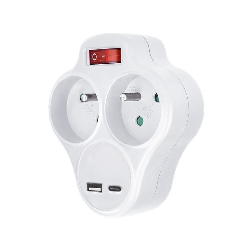 Solight Rozbočovač s USB A+C nabíjačkou, 2 x 10A, biely, vypínač 1