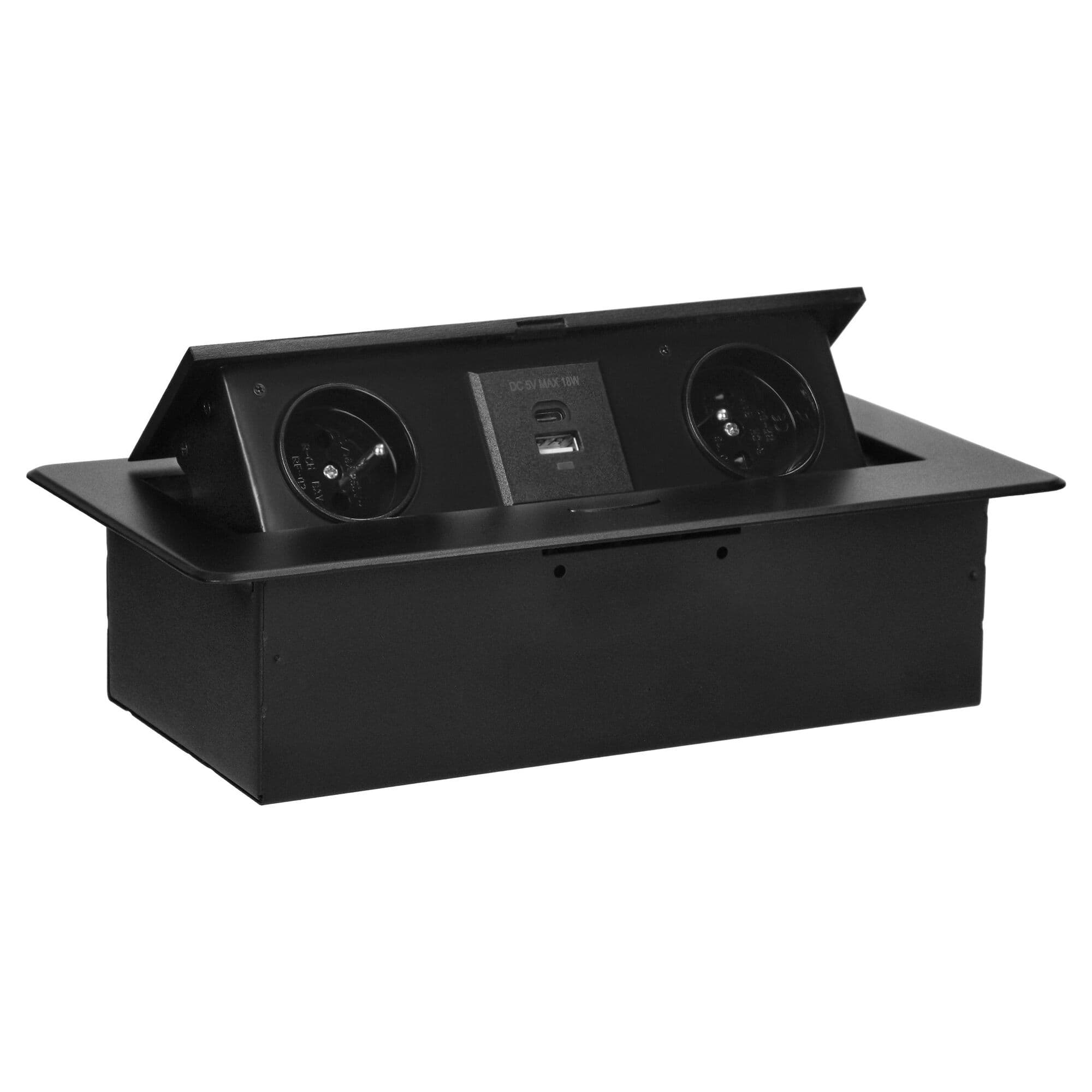 Zapustená nábytková zásuvka s frézovaným okrajom, 2x2P+E
, 2xUSB (typ A+C; 3,6A), čierna 1