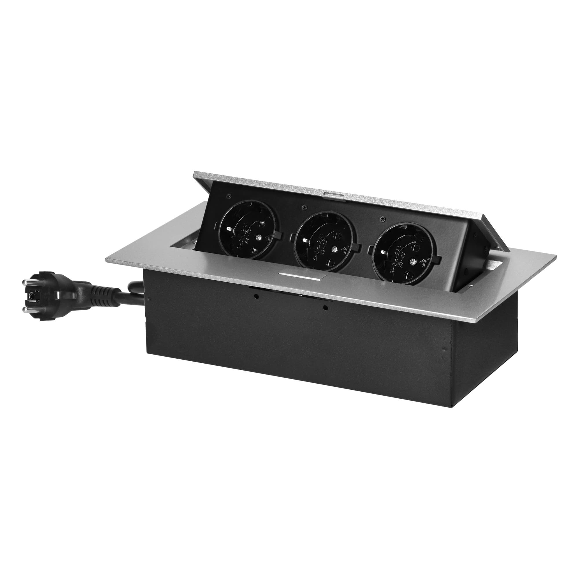 Recessed furniture socket with flat edge and 1.5m cable, 3x2P+E (Schuko), silver 1