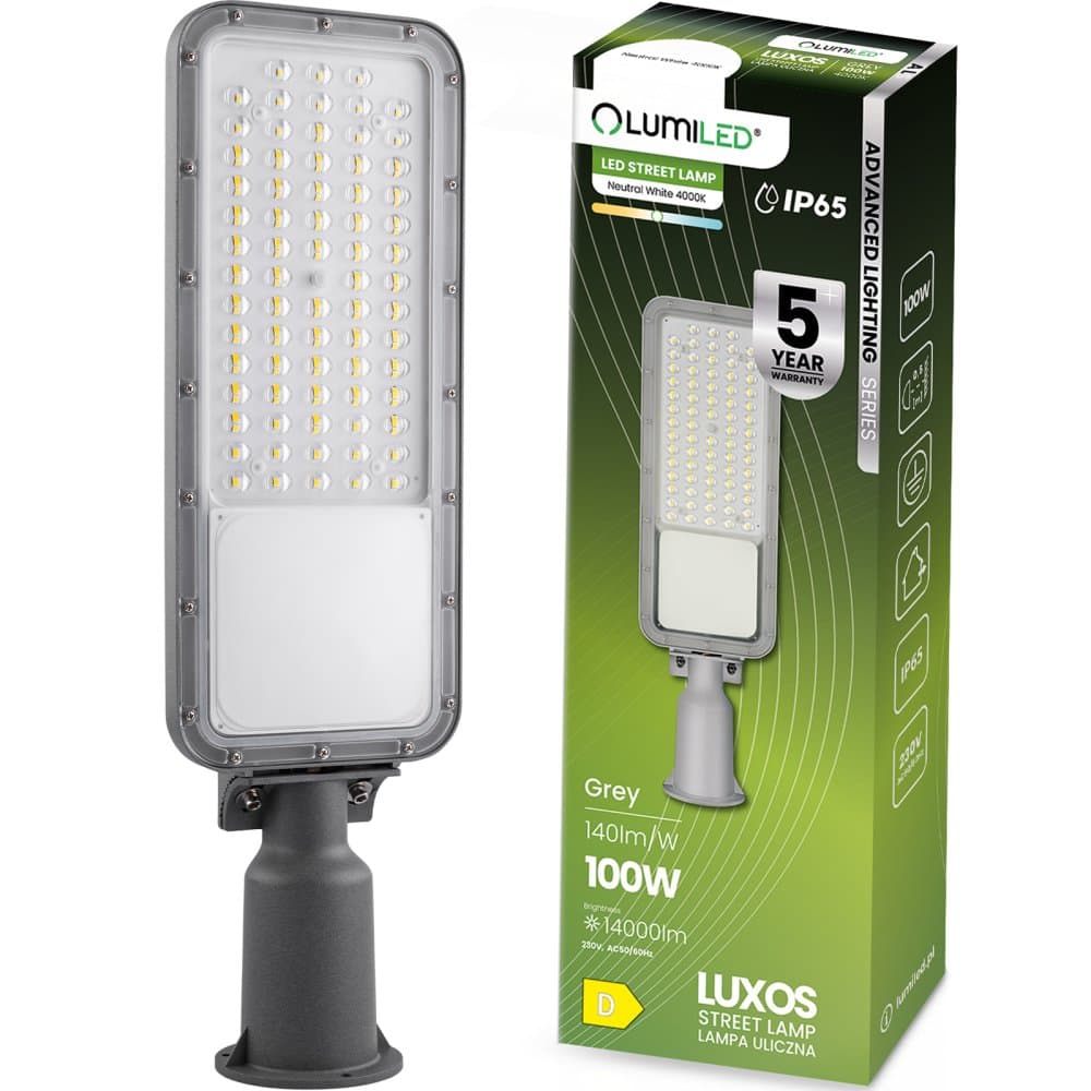 Pouličná LED lampa LUXOS priemyselné cestné svietidlo 100W 14000lm 4000K IP65 Advanced Lighting Series LUMILED
