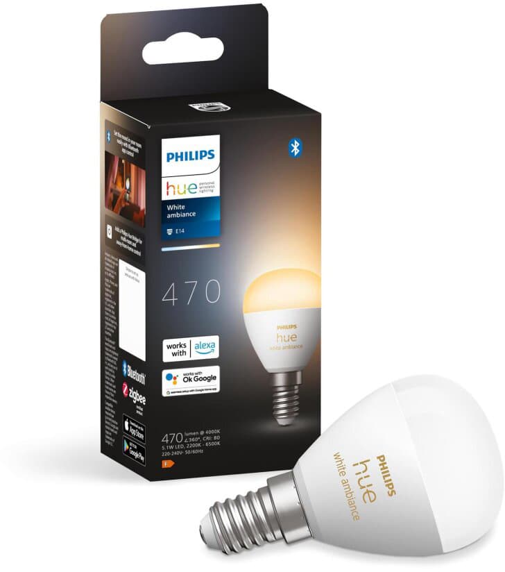 LED žiarovka E14 Ball P45 5,1W = 40W 470lm 2200-6500K CCT SMART Smart Bluetooth ZigBee White Ambiance Philips HUE 1