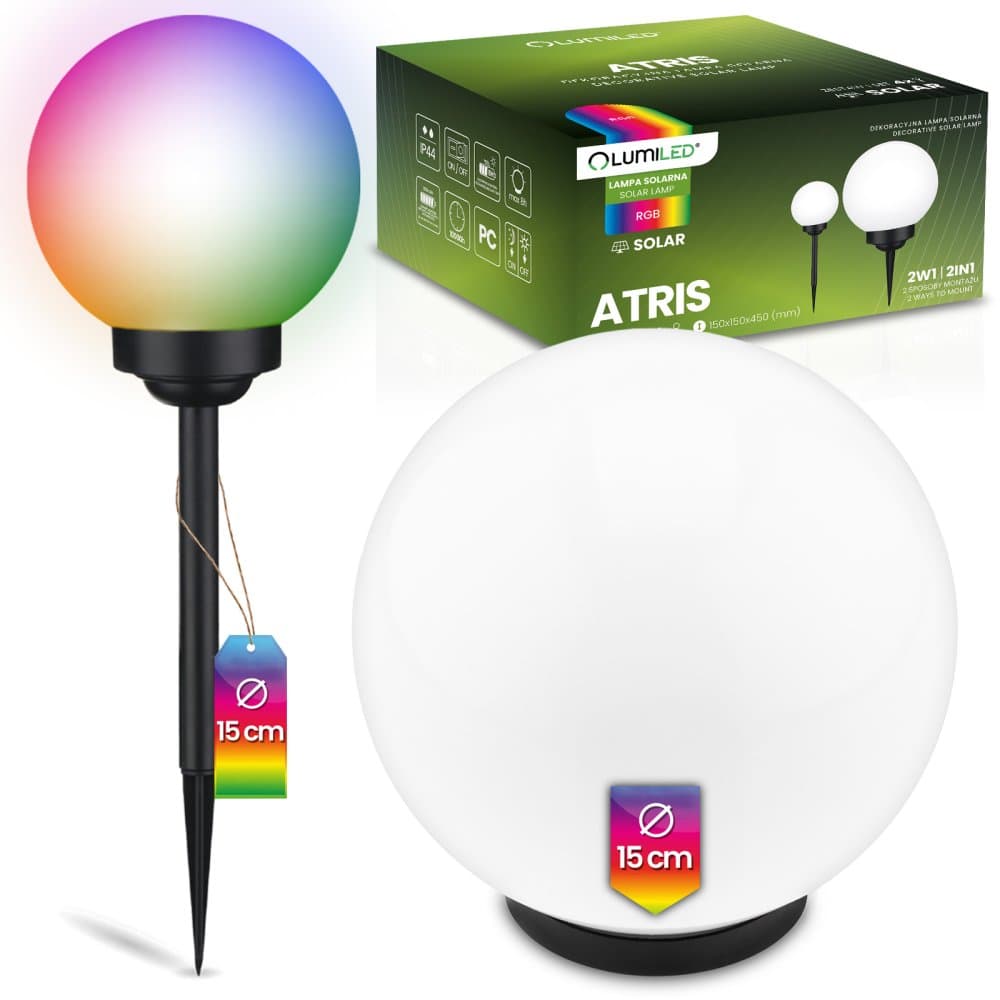 Solárna záhradná LED lampa ATRIS zapichovacia zemná biela guľa 15cm RGB LUMILED