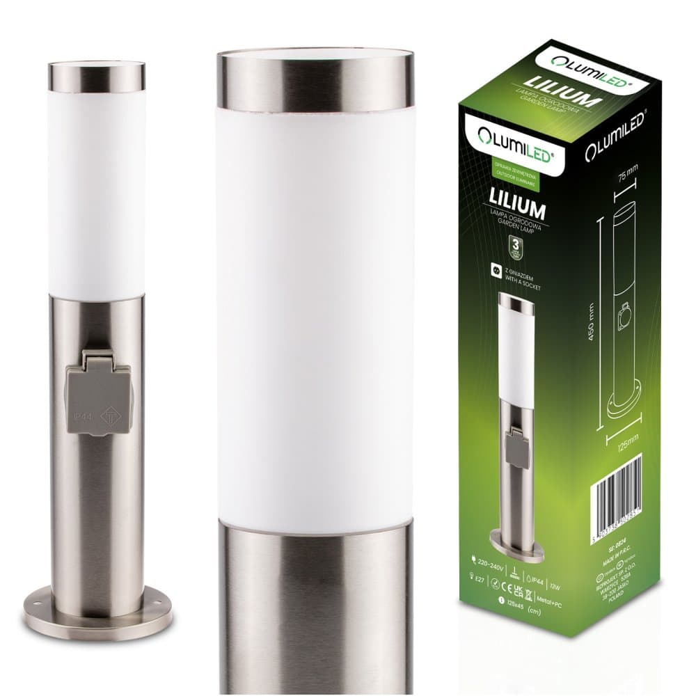 Vonkajšie záhradné svietidlo E27 INOX PIPE 45cm s 230V zásuvkou Lilium Lumiled 1