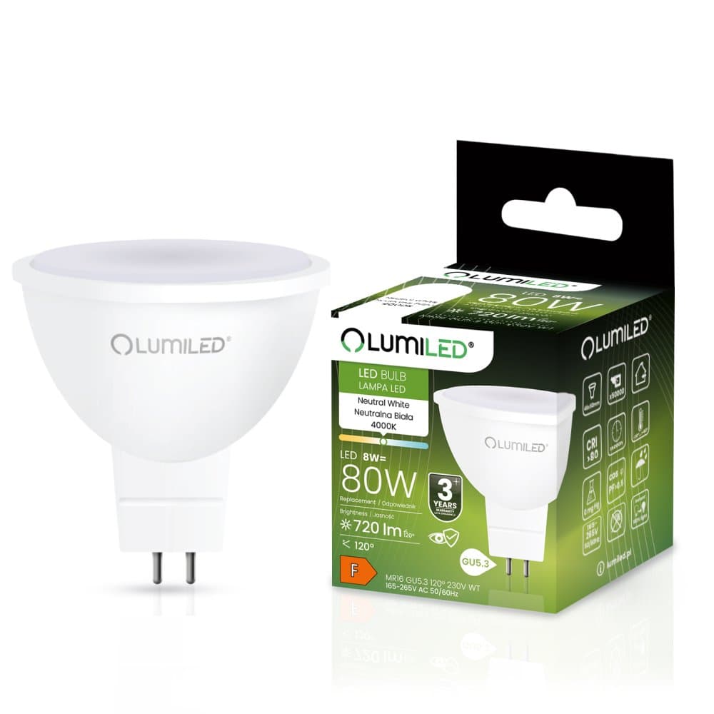 LED žiarovka GU5.3 MR16 8W = 80W 720lm 4000K Neutrálna 120° LUMILED