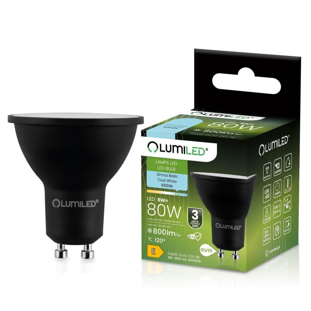 Žiarovka LED GU10 reflektor PAR16 8W = 80W 800lm 6500K studená 120° čierna LUMILED 1