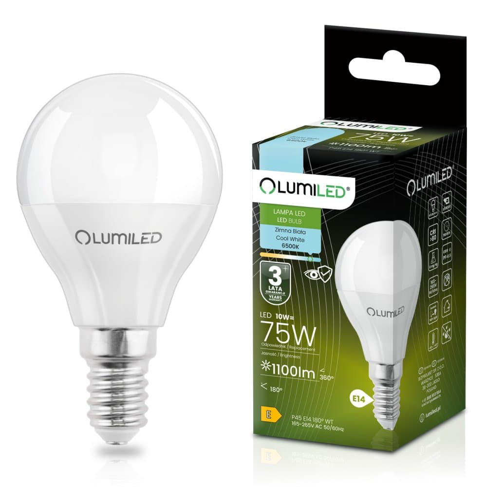 LED žiarovka E14 guľa P45 10W = 75W 1100lm 6500K studená 180° LUMILED 1