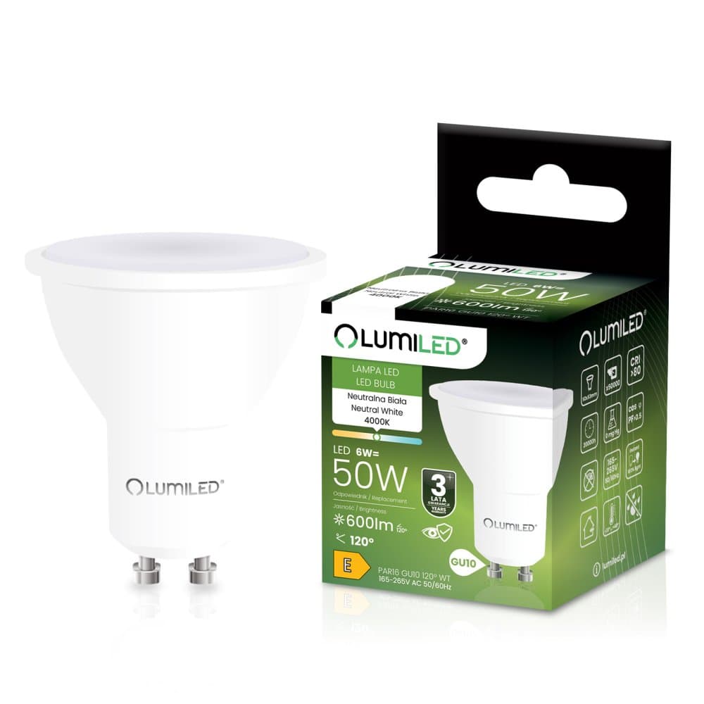 LED žiarovka GU10 reflektor PAR16 6W = 50W 600lm 4000K neutrálna 120° LUMILED 1