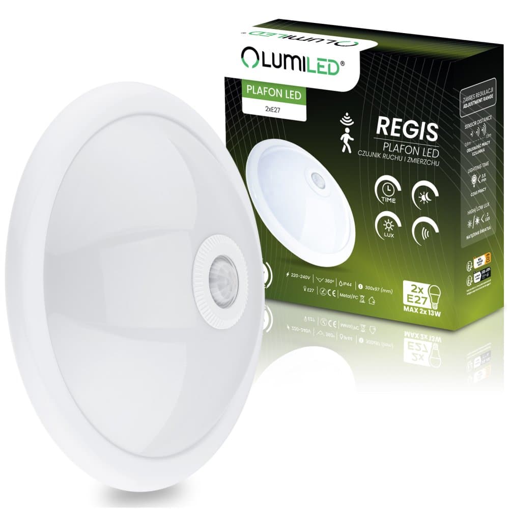 LED stropné svietidlo REGIS 2x E27 IP44 s pohybovým a súmrakovým senzorom biele okrúhle 30cm LUMILED