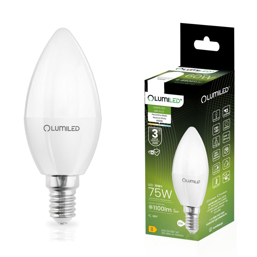 LED žiarovka E14 Candle B35 10W = 75W 1100lm 4000K Neutral 180° LUMILED 1