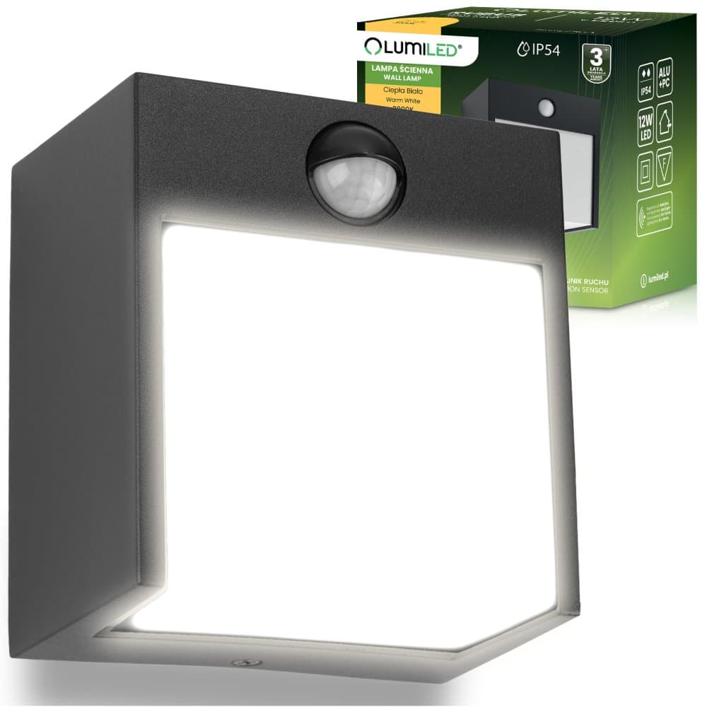Záhradná nástenná lampa LED vonkajšie nástenné svietidlo s pohybovým senzorom PIR IP54 12W 3000K RUBUS LUMILED