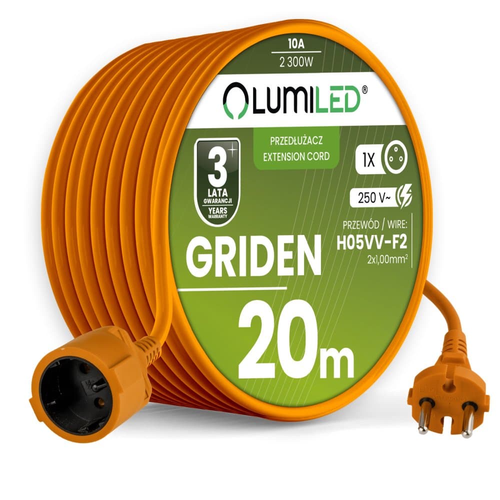 Záhradný predlžovací kábel stavebný jednovýstupový 1 zásuvka 20m oranžový šnúra GRIDEN Lumiled 1
