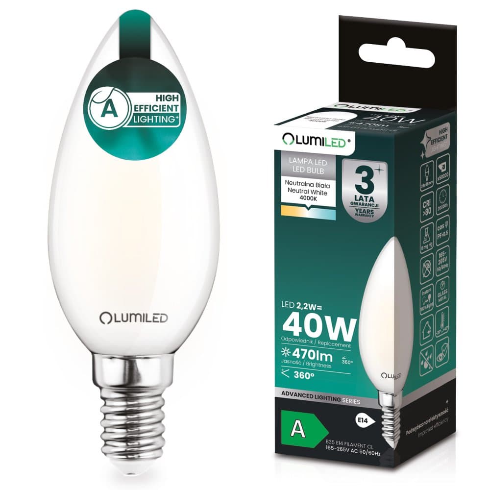 LED žiarovka E14 sviečka B35 2, 2W 470lm = 40W 4000K neutrálna 360° filament KLASA A LUMILED