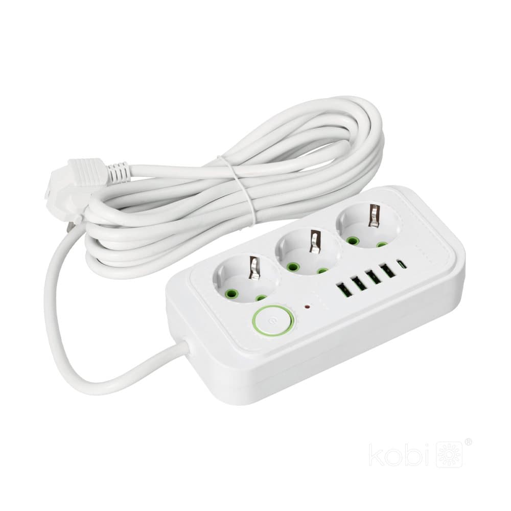 Predlžovačka sieťová zástrčka 3x zásuvka s uzemnením napájací pásik 4x USB USB-C vypínač On/Off 5m biely Linea Pro Kobi