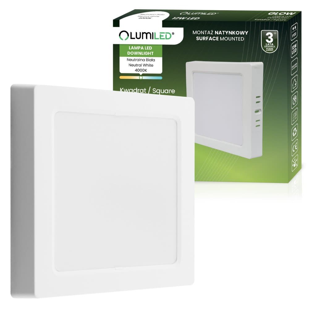 Stropné svietidlo LED s povrchovou montážou 12W Square 4000K GLOW White LUMILED 1