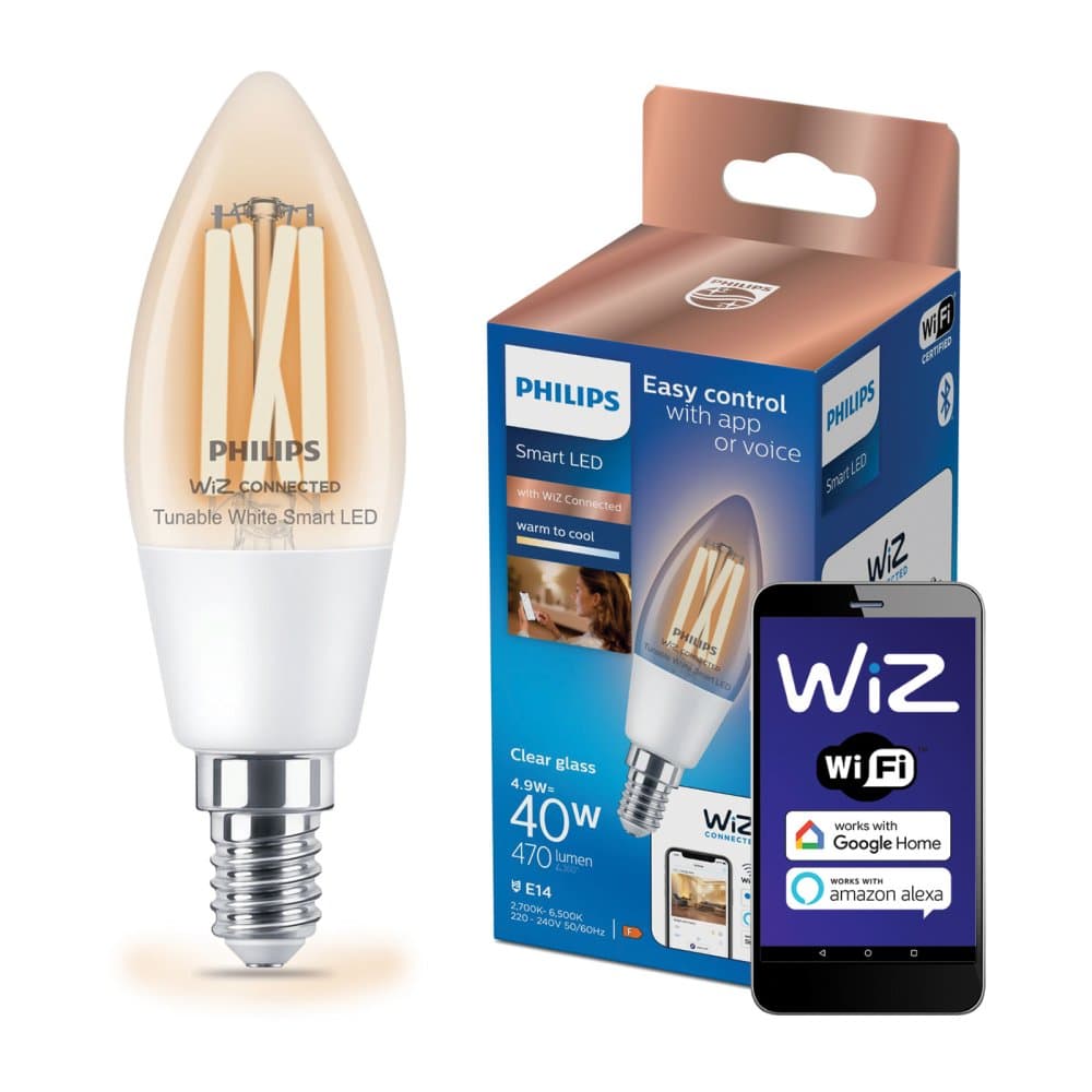 LED žiarovka E14 Candle C35 4,9W = 40W 470lm 2700-6500K TW FILAMENT Smart SMART WiFi Bluetooth App WiZ Philips 1