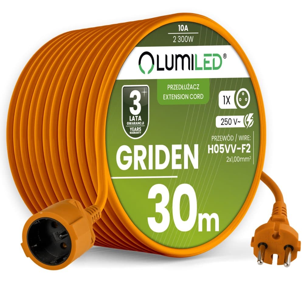 Záhradný predlžovací kábel stavebný jednoduchý 1 zásuvka 30m oranžový kábel GRIDEN Lumiled