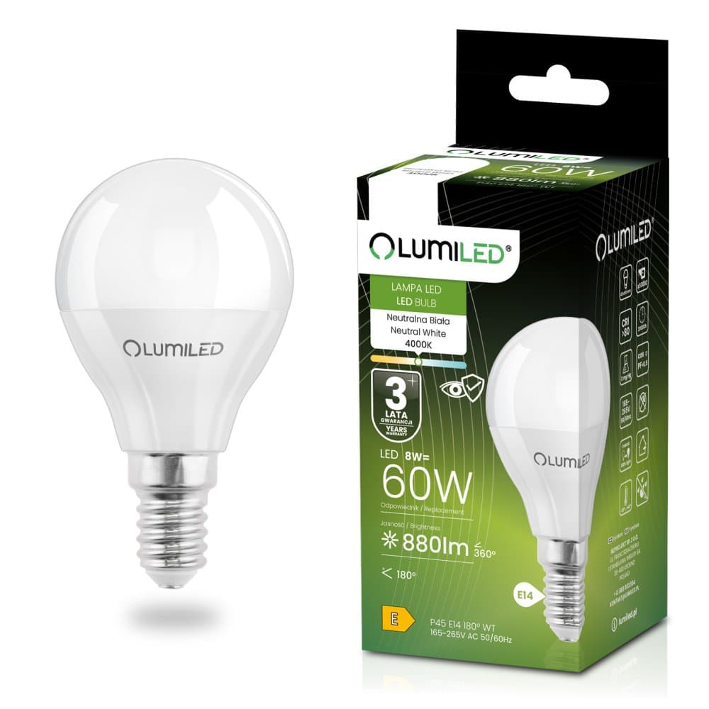 LED žiarovka E14 guľa P45 8W = 60W 880lm 4000K neutrálna 180° LUMILED
