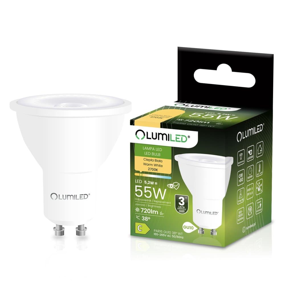 LED žiarovka GU10 reflektor PAR16 5, 2W = 55W 720lm 2700K teplá 38° LUMILED