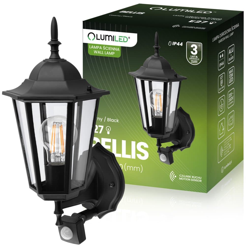 Vonkajšie nástenné svietidlo E27 so senzorom pohybu čierne BELLIS LUMILED 1