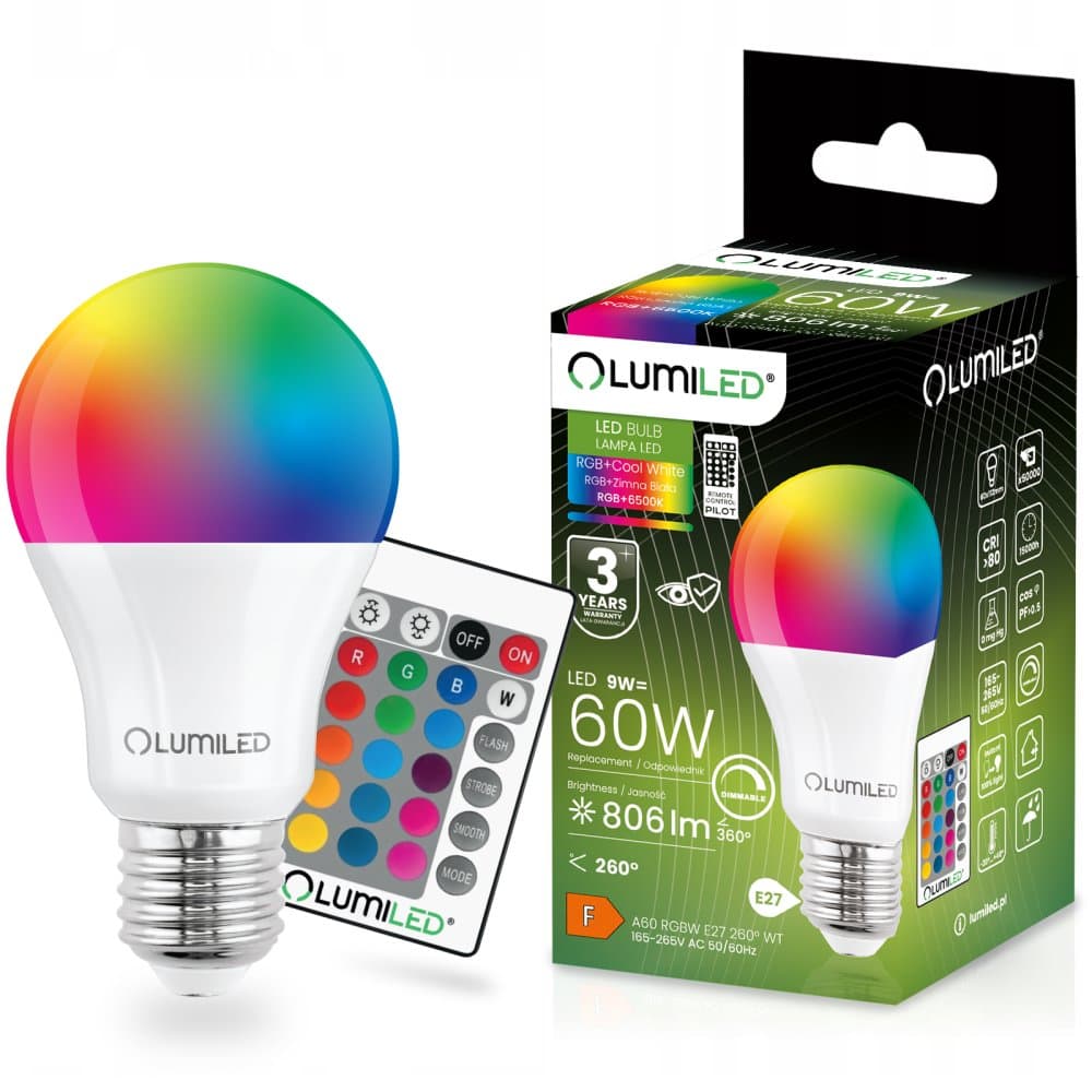 LED žiarovka E27 A60 9W = 60W 806lm 6500K + RGB Multicolour 260° Stmievateľná Pilot LUMILED 1