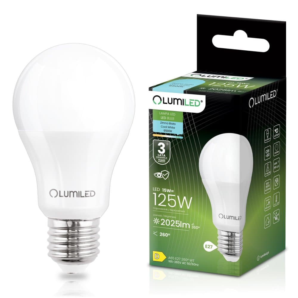 LED žiarovka E27 A65 15W = 125W 2025lm 6500K studená 260° LUMILED 1