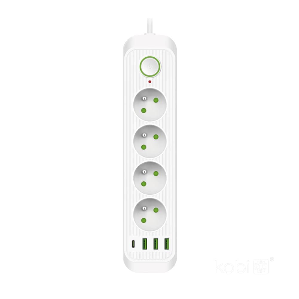 Sieťový predlžovací kábel 3m 4x zásuvka s uzemnením, napájací USB pás ON/OFF biely Connecto Kobi 1