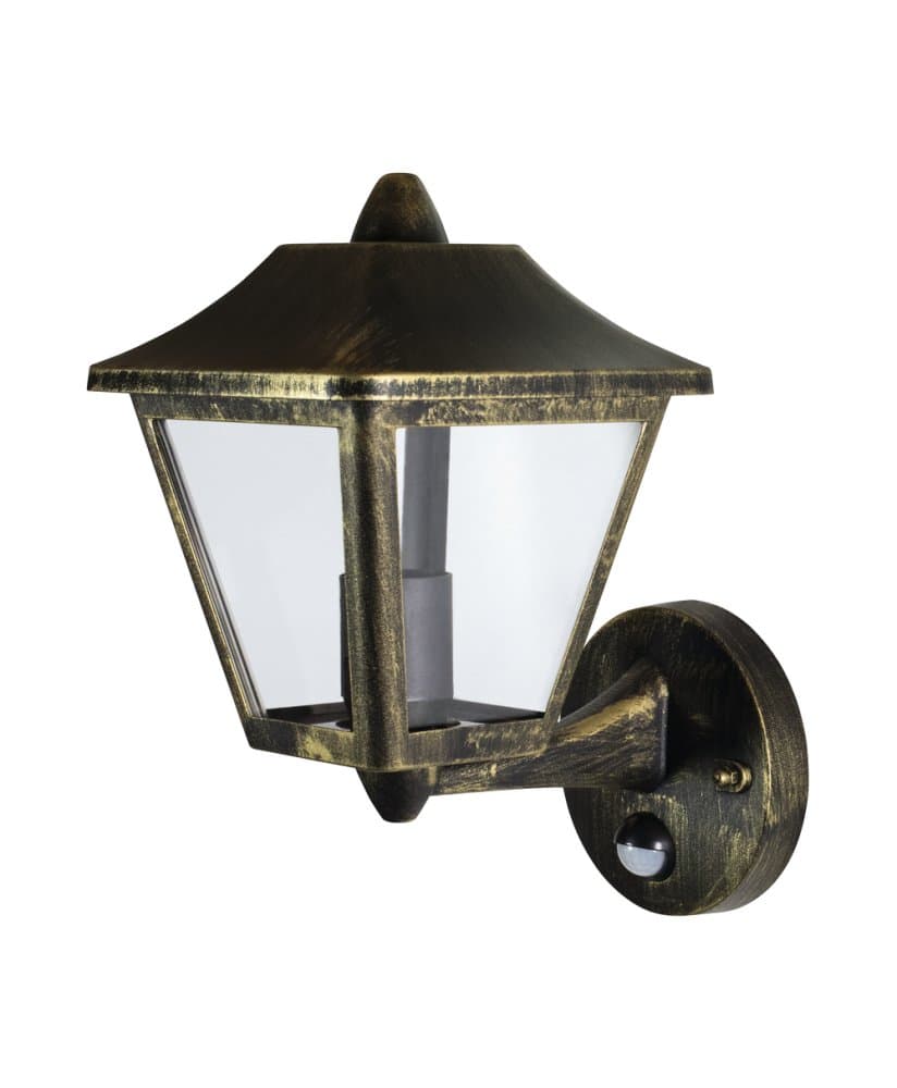 Vonkajšie nástenné svietidlo lampa elevačná latarnia E27 čierna zlatá IP44 so senzorom pohybu a súmraku Endura Osram