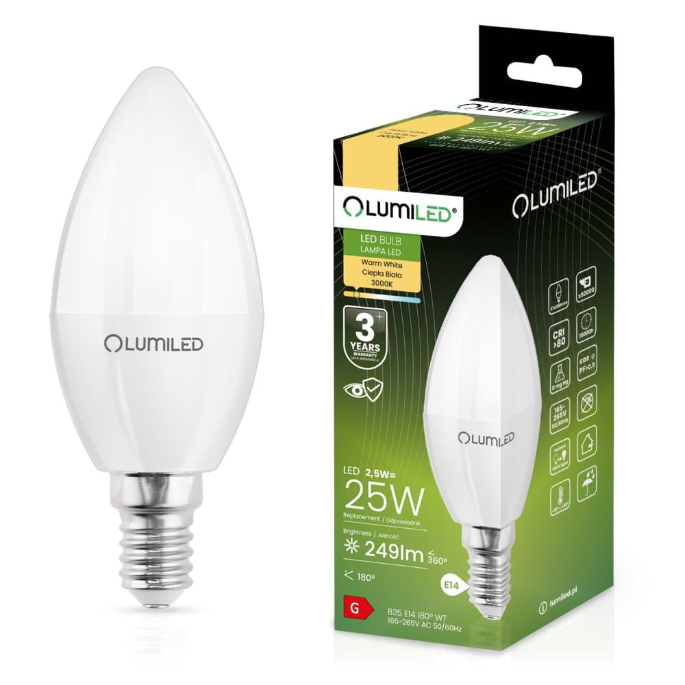 LED žiarovka B35 E14 2,5W = 25W 249lm 3000K Warm 180° LUMILED 1