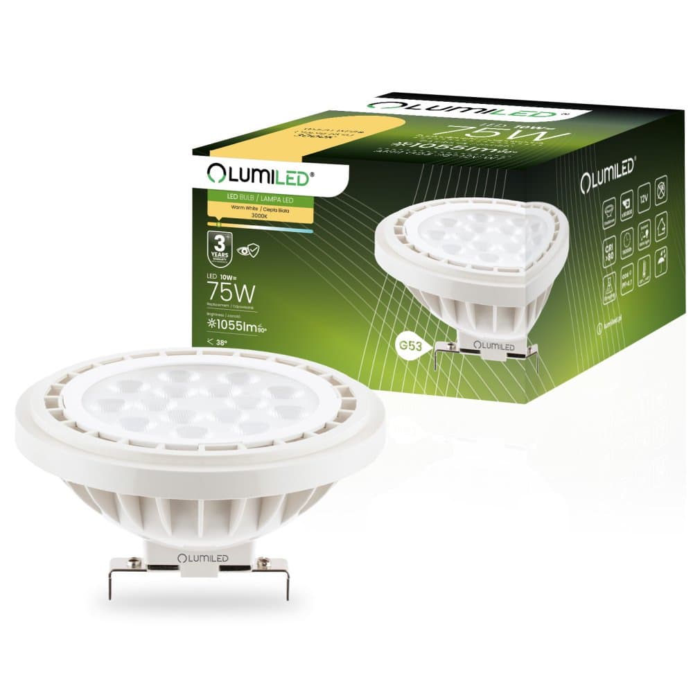 LED žiarovka G53 Reflector AR111 10W = 75W 1055lm 3000K Warm 38° 12V LUMILED