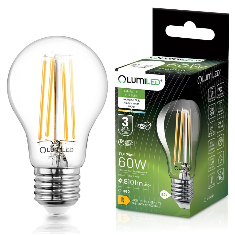 LED žiarovka E27 A60 7W = 60W 810lm 4000K neutrálna 360° FILAMENT LUMILED