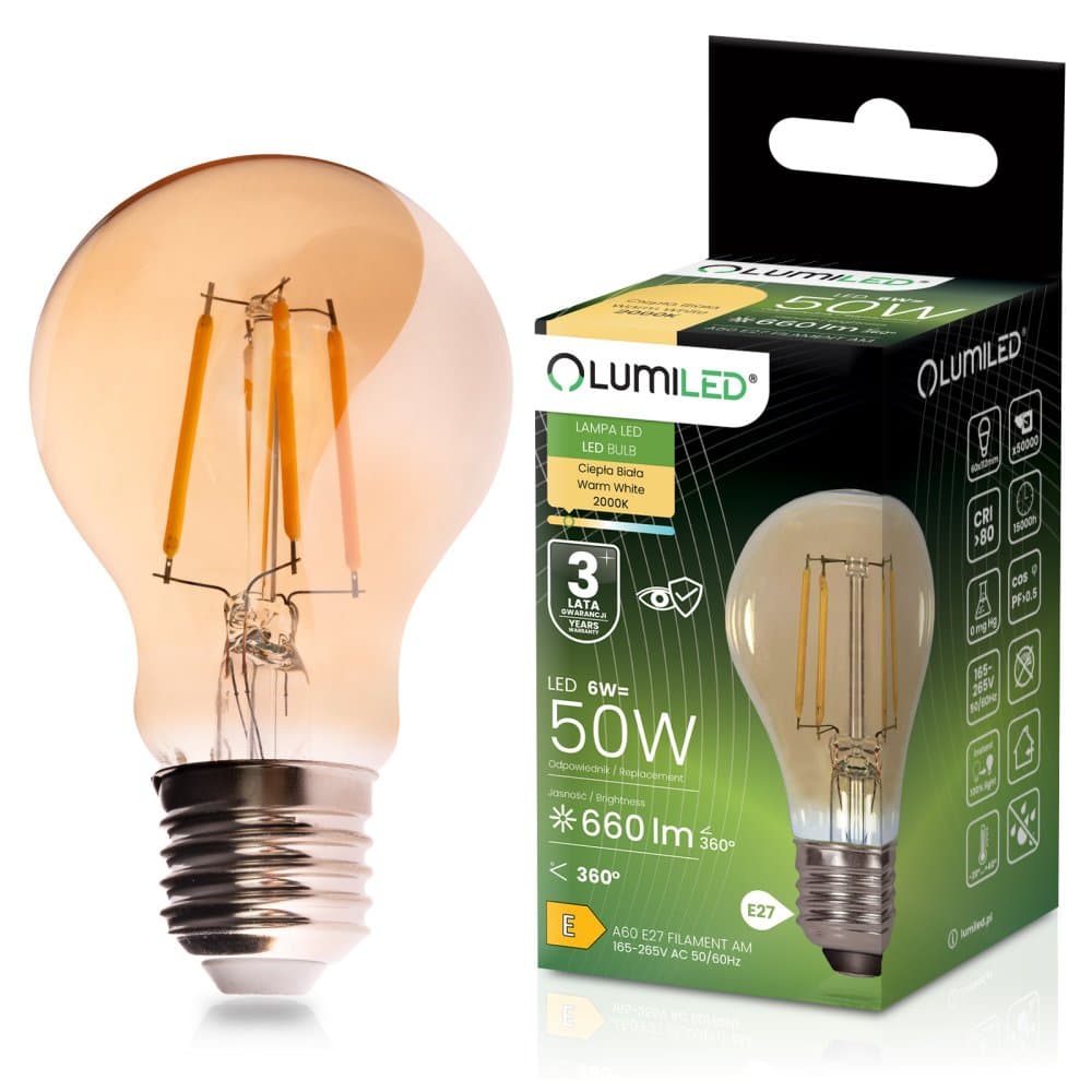 LED žiarovka E27 A60 6W 660lm = 50W 2000K teplá 360° filament amber LUMILED