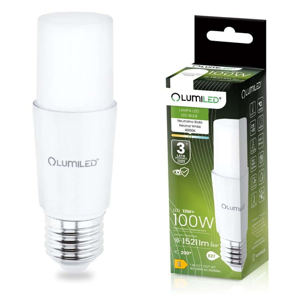 LED žiarovka E27 tubulárna T45 13W = 100W 1521lm 3000K teplá 200° LUMILED