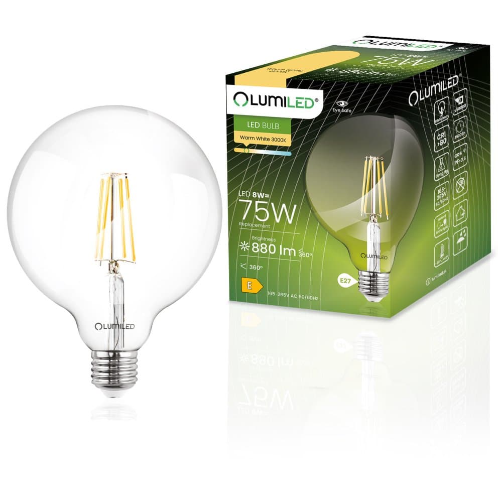 Dekoratívna LED žiarovka E27 G95 8W = 75W 880lm 3000K teplá 360° žiarovka LUMILED globe