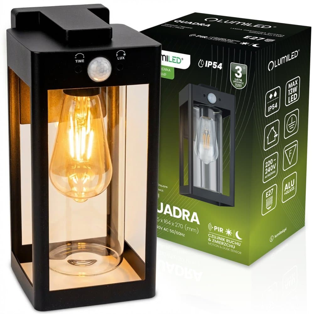 Vonkajšie nástenné svietidlo záhradné fasádne E27 so senzorom pohybu a súmraku IP54 QUADRA LUMILED
