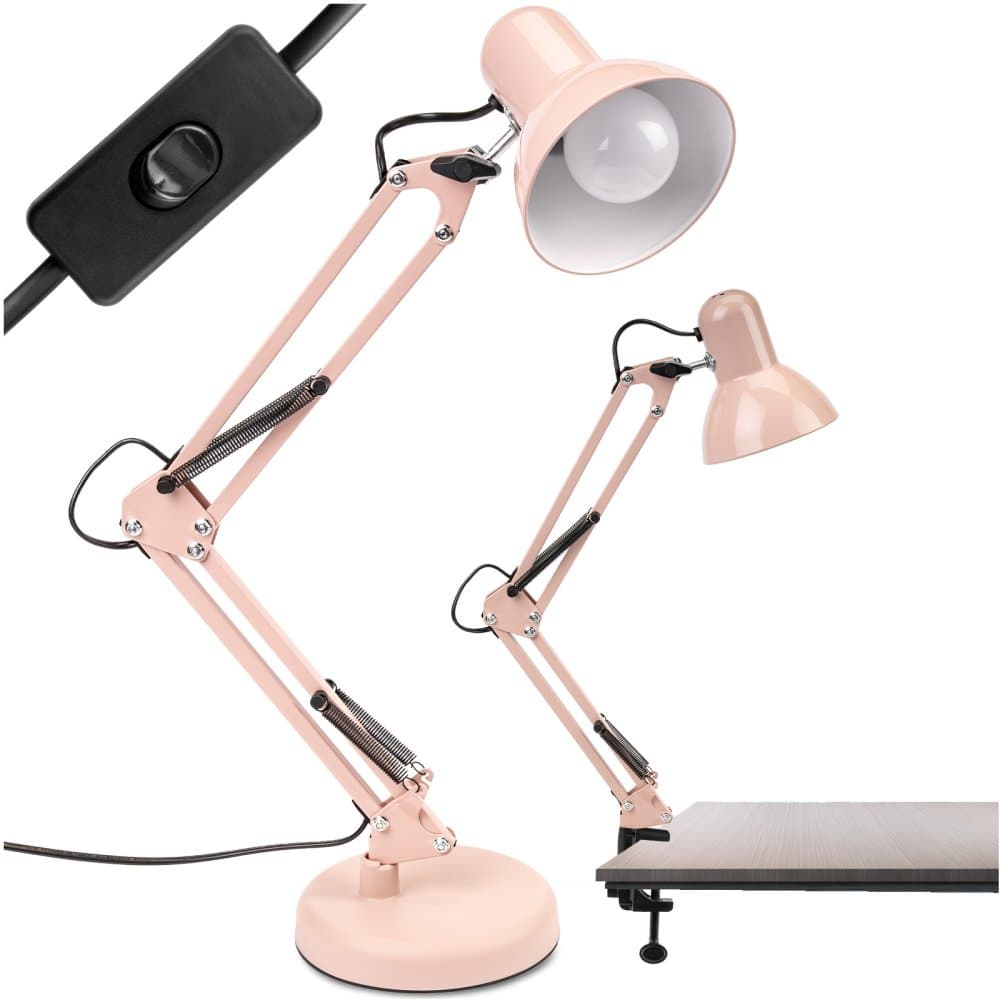 Stolová kresliarska lampa E27 TOBI pastelová ružová Lumiled s úchytom na dosku