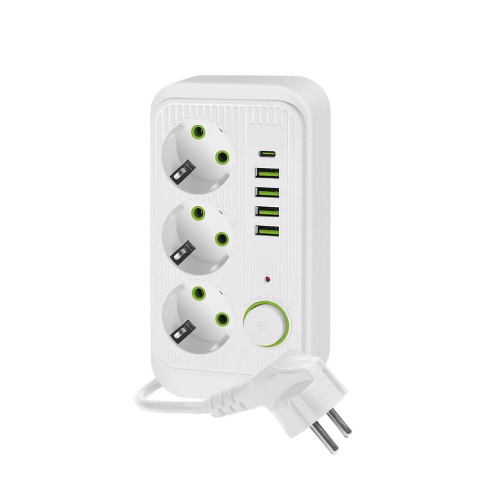Sieťová predlžovačka vidlica 3x zásuvka s uzemnením napájací pás 4x USB USB-C vypínač on/off 3m biely LINEA PRO Kobi