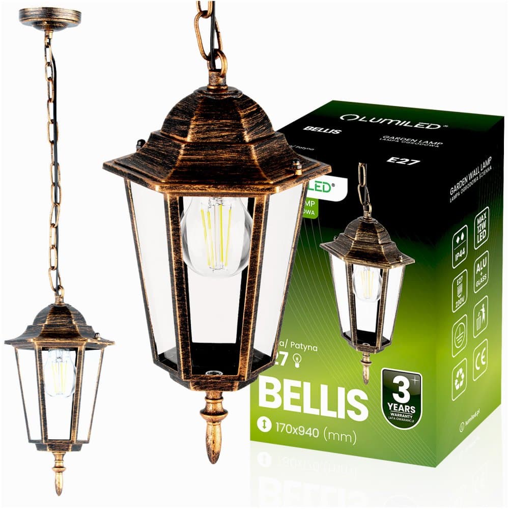 Vonkajšia závesná záhradná lampa E27 LATARNIA Patina BELLIS LUMILED 1