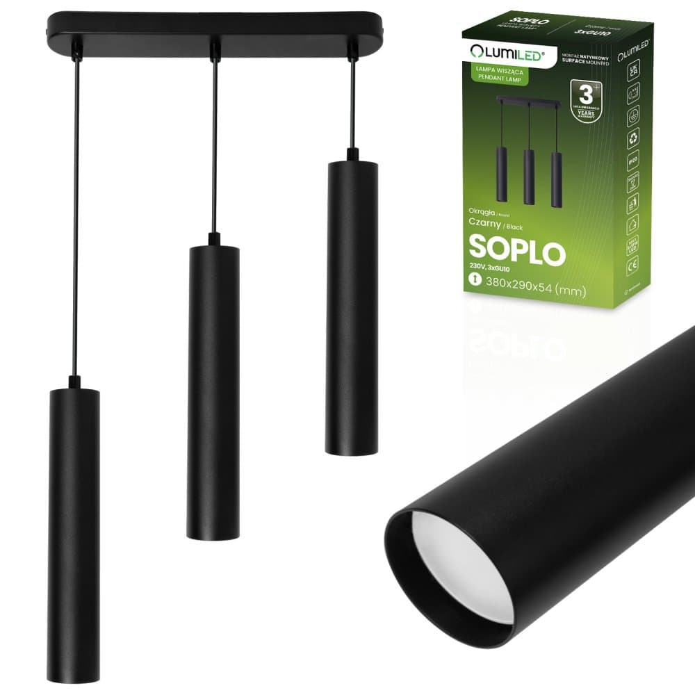 Závesná stropná lampa zvesná 29cm reflektor 3x GU10 LED SOPLO čierna LUMILED 1