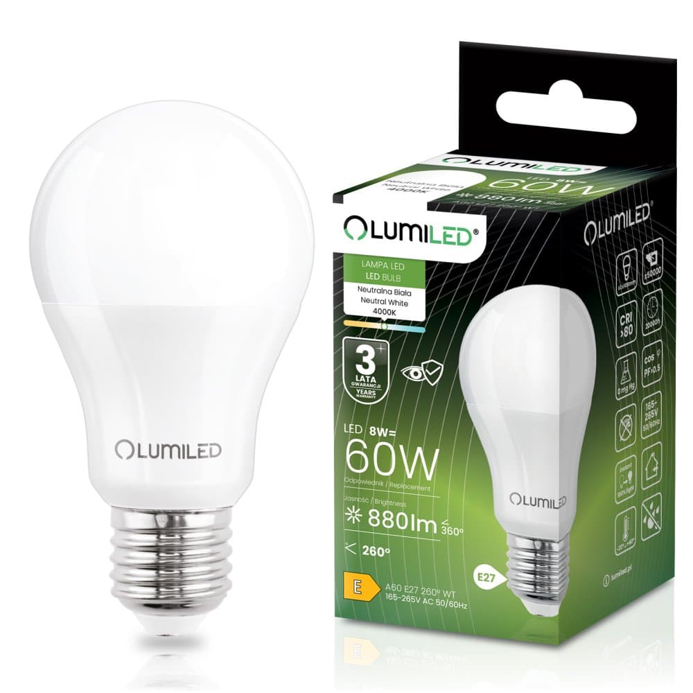 LED žiarovka E27 A60 8W = 60W 880lm 4000K neutrálna 260° LUMILED