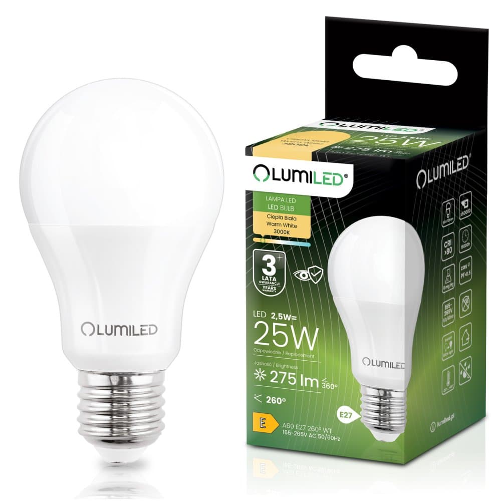LED žiarovka E27 A60 2, 5W = 25W 275lm 3000K teplá 260° LUMILED