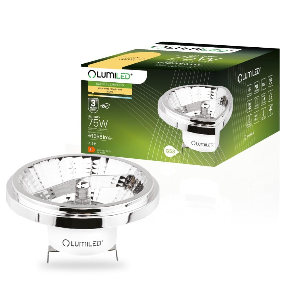 LED žiarovka G53 Reflector AR111 10W = 75W 1055lm 3000K Warm 24° 12V Silver LUMILED