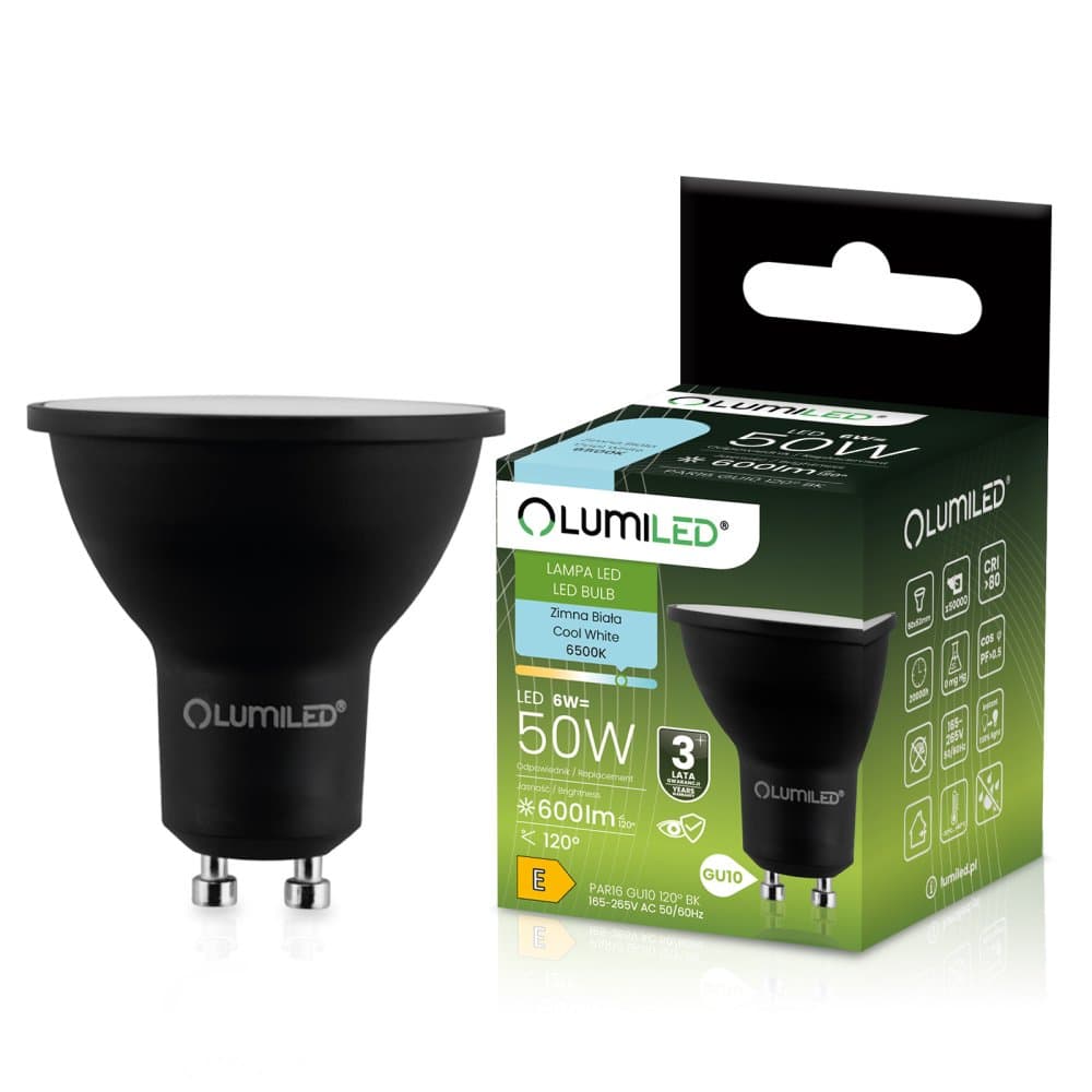 Žiarovka LED GU10 reflektor PAR16 6W = 50W 600lm 6500K studená 120° čierna LUMILED