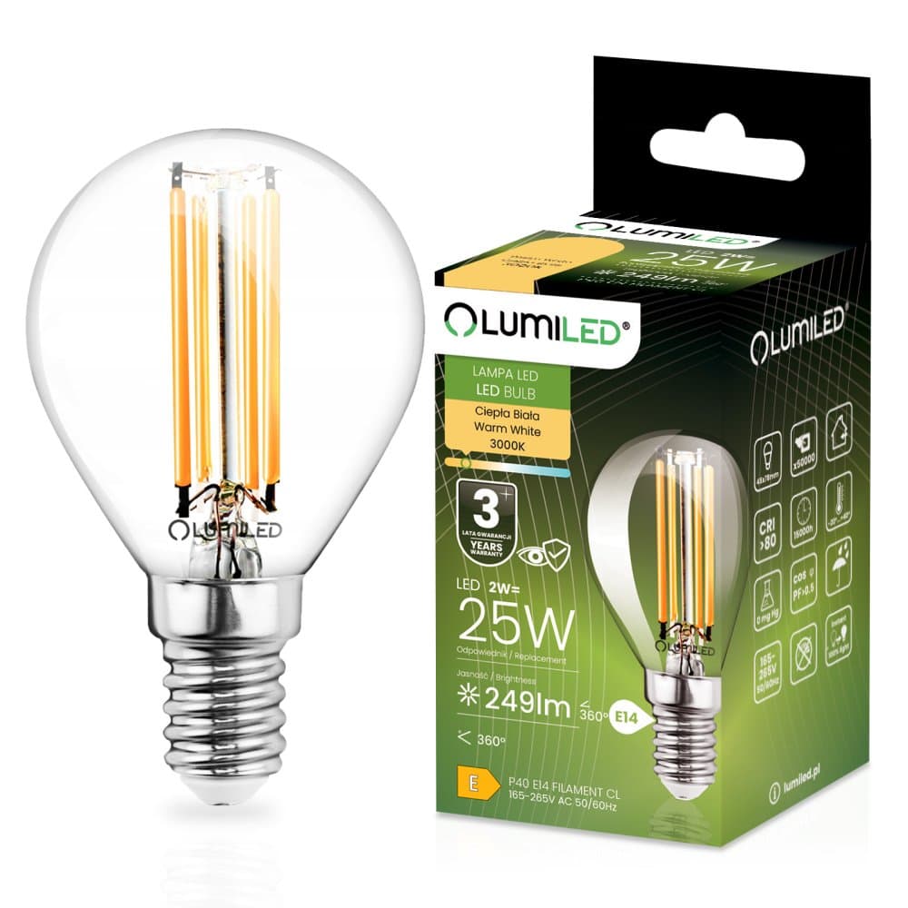 LED žiarovka E14 Ball P45 2W = 25W 249lm 3000K Warm 360° FILAMENT LUMILED