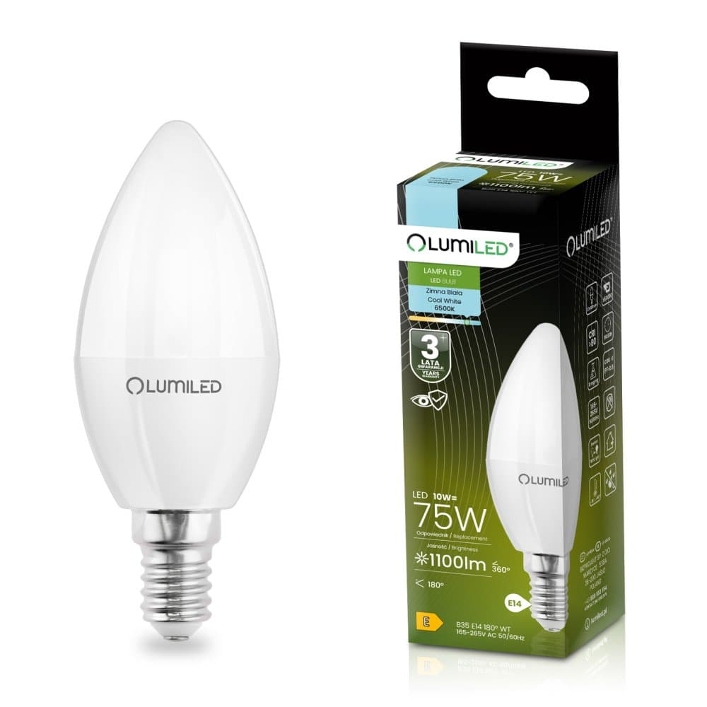 LED žiarovka E14 sviečka B35 10W = 75W 1100lm 6500K studená 180° LUMILED 1