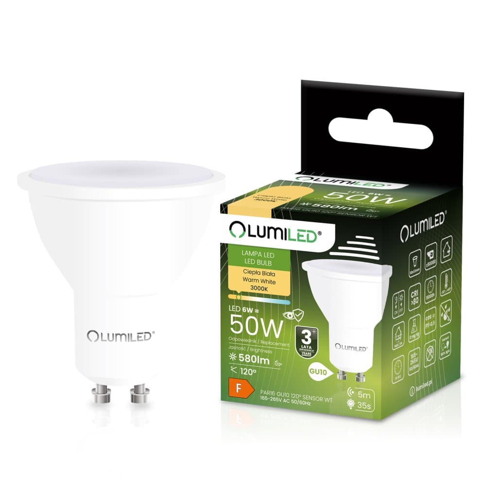 LED žiarovka GU10 reflektor PAR16 6W = 50W 580lm 3000K teplá 120° so senzorom pohybu a súmraku LUMILED 1