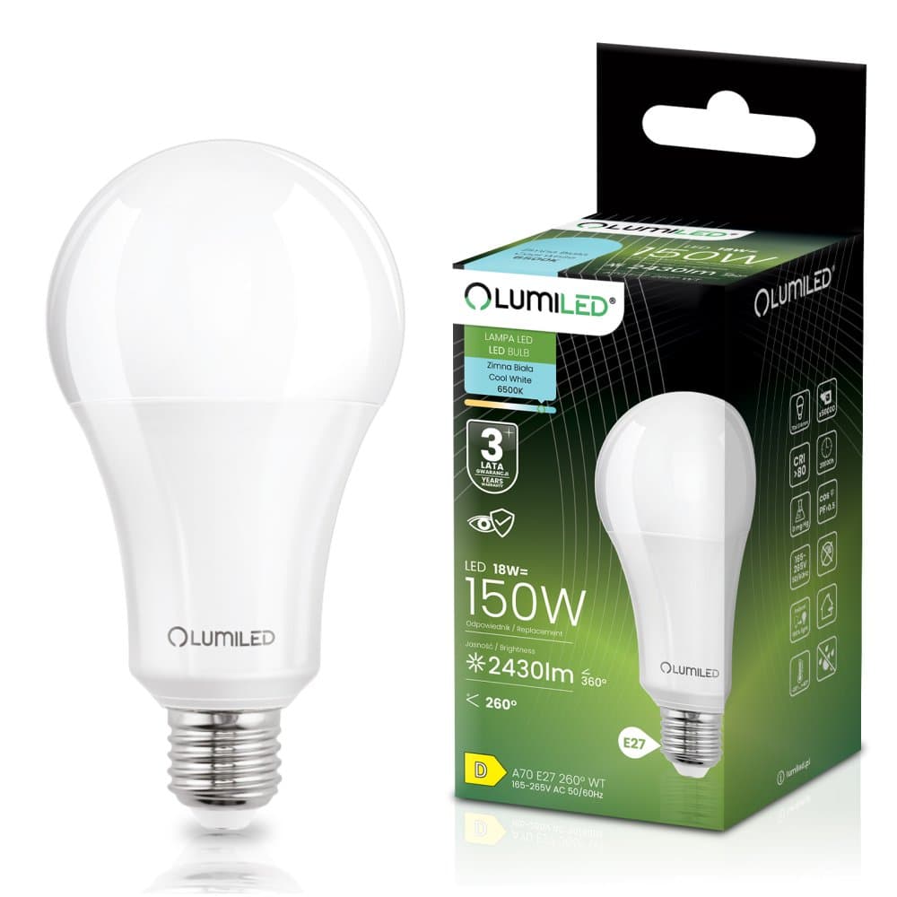 LED žiarovka E27 A70 18W = 150W 2430lm 6500K studená 260° LUMILED 1